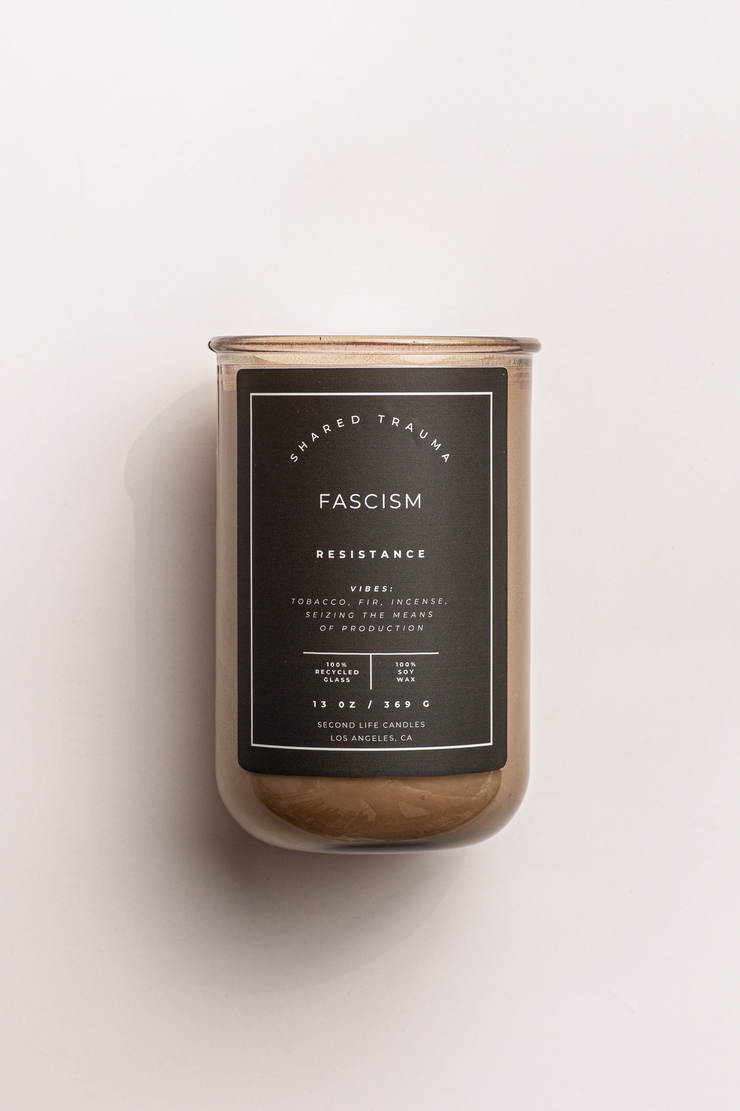 Shared Trauma Candles - Fascism - 13 Oz Crackling Wood Wick - Tobacco, Nag Champa, Forest Woods