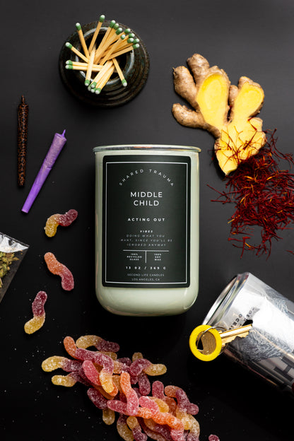Shared Trauma Candles - Middle Child - 13 Oz Crackling Wood Wick - Ginger & Saffron