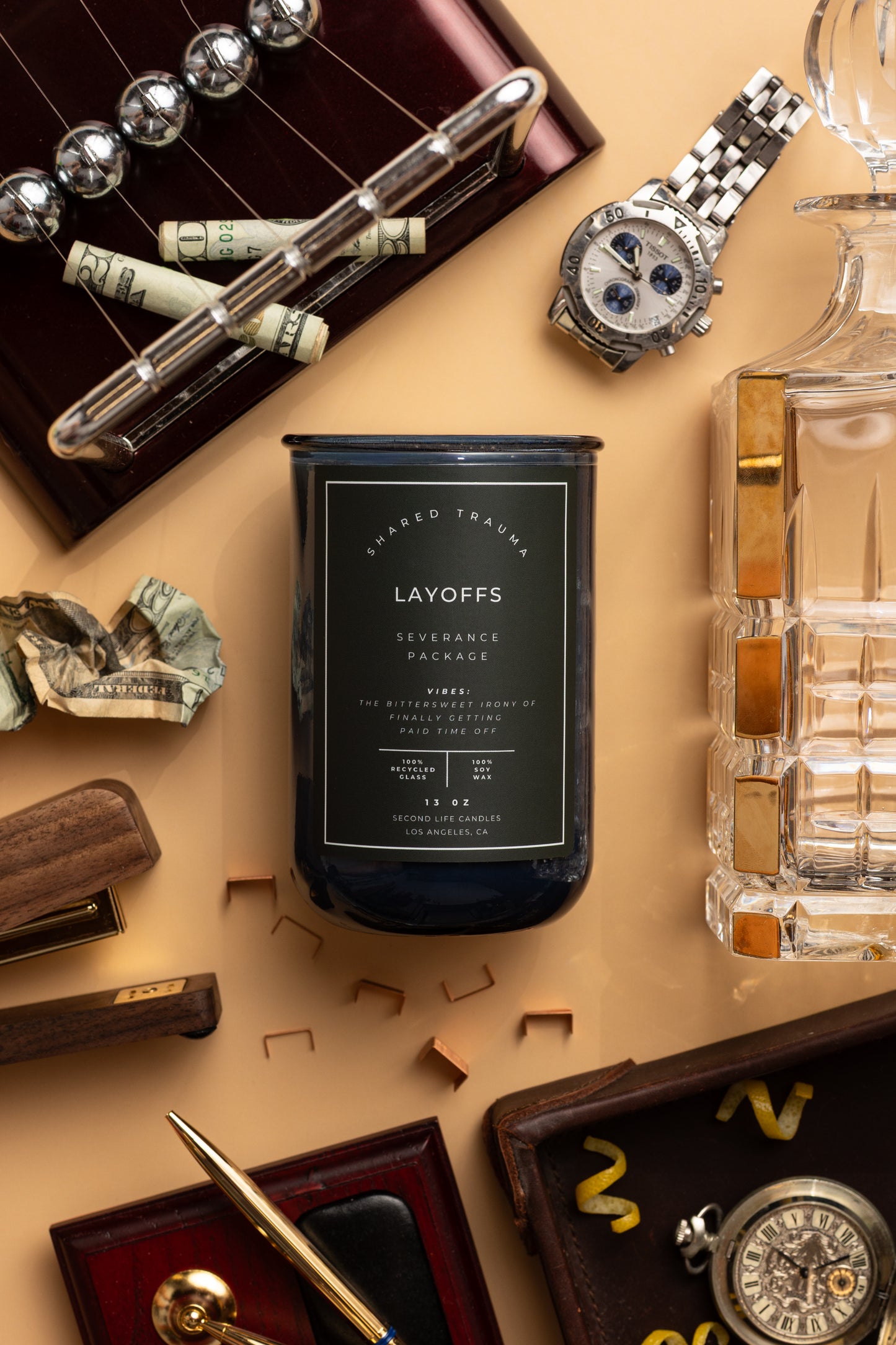 Shared Trauma Candles - Layoffs - 13 Oz Crackling Wood Wick - Worn Leather & Citron