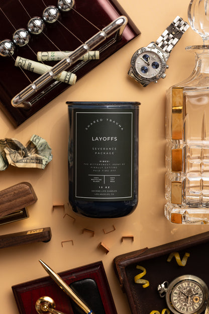 Shared Trauma Candles - Layoffs - 13 Oz Crackling Wood Wick - Worn Leather & Citron